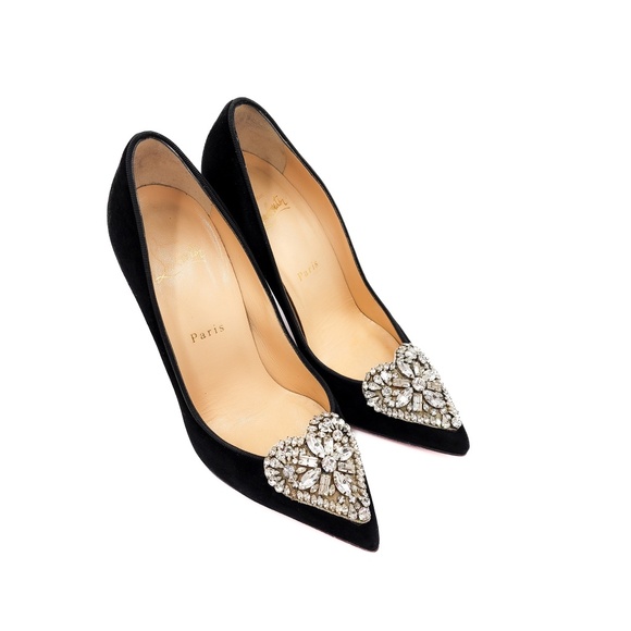 Christian Louboutin Shoes - Christian Louboutin Crystal Heart Studded Black Suede Pumps Heels EU 37.5
